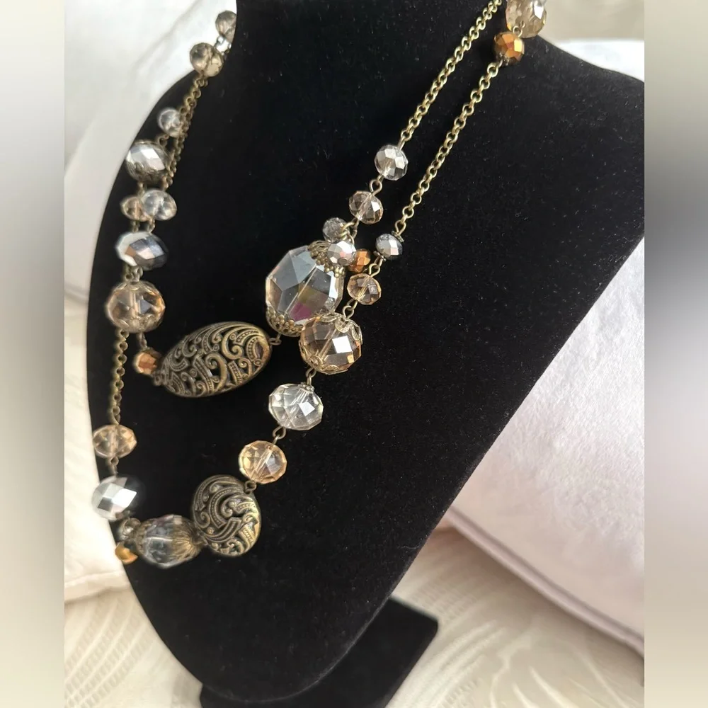 Vintage Opera Length Necklace Brass and Crystals 36”